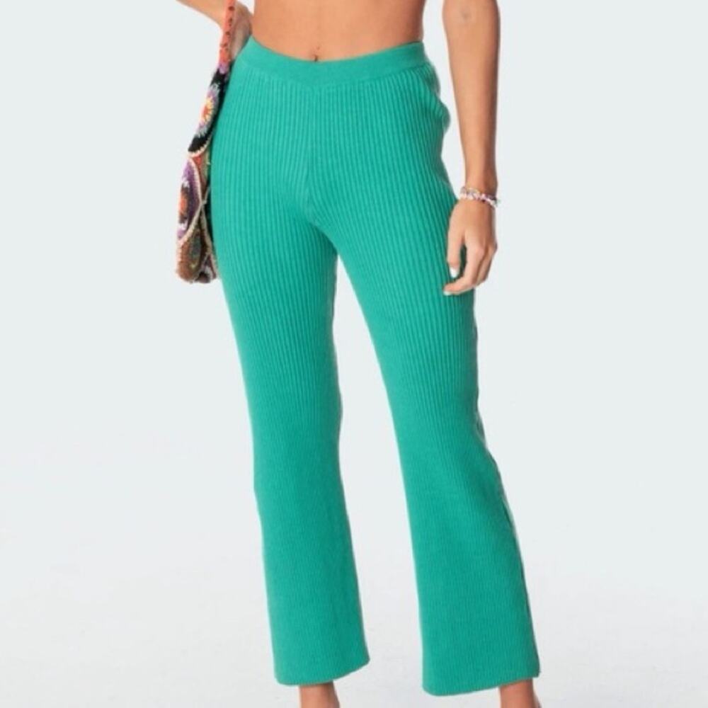 Edikted Green Knit Flare Pants High Rise Womenโs Ribbed XS/Small